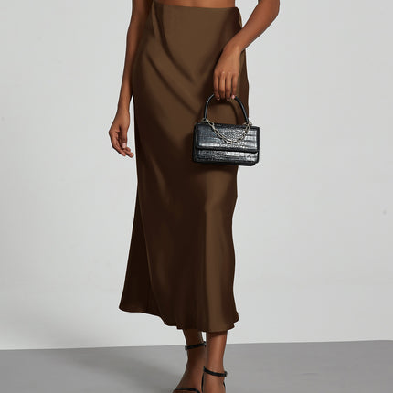 Cross-border women's clothing wholesale European and American style fashion temperament satin texture skirt Joker solid color glossy mid-length skirt