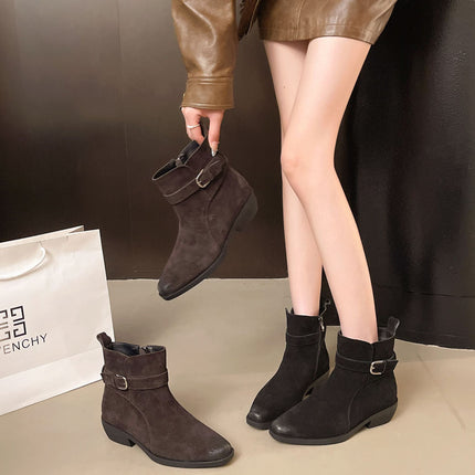 Cow Suede Retro Maillard Short Boots for Women 2025 Autumn and Winter New Belt Buckle Side Zipper Thick Heel Western Cowboy Boots