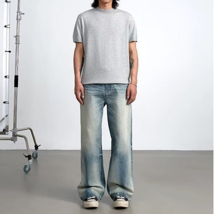 American High Street Original Cow Simple A-Line Washed Blue Straight Loose Floor-Length Jeans Men's Trendy Style