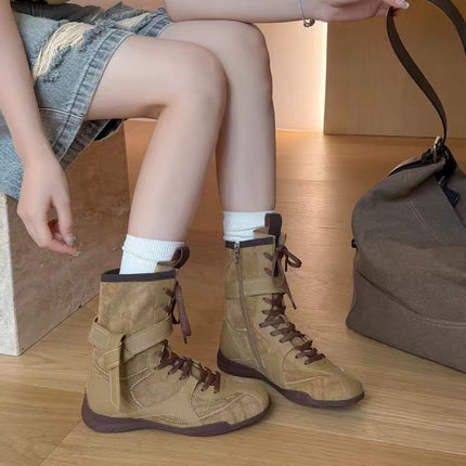 Celebrity-Style Retro Boxing Boots, Melard Flat-Soled Height-Increasing 2025 New Genuine Leather Women's Boots, Wasteland Style for Autumn and Winter
