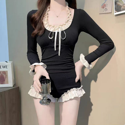 Long-Sleeved Sun Protection Swimsuit for Women, High-End, Belly-Covering, Slimming Look, One-Piece, Sexy Internet Celebrity, Pure Desire, Seaside Vacation, Hot Spring Bathing