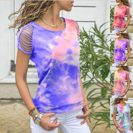 European and American cross-border 2023 Summer Amazon WISH foreign trade new women's tie-dyed ripped burnt flower off-shoulder short sleeve t-shirt