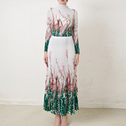 Miyake Stretch Print Long-sleeved Top suit Women's European and American Fashion High Waist Draped Skirt Two-piece Set