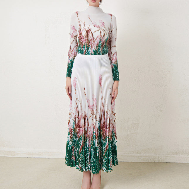 Miyake Stretch Print Long-sleeved Top suit Women's European and American Fashion High Waist Draped Skirt Two-piece Set