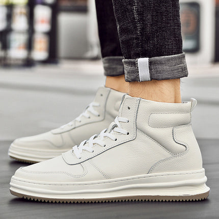 2025 Autumn and Winter Men's High-Top Sneakers, First-Layer Cowhide British Style, Large Size Skateboard Shoes, Thickeneded Cotton Shoes