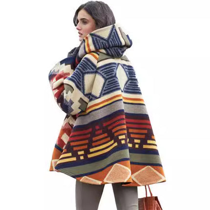 2025 Export Ebay Amazon New European and American Autumn and Winter Women's Long-Sleeved Hooded Jacket Printed Dragon and Phoenix Coat