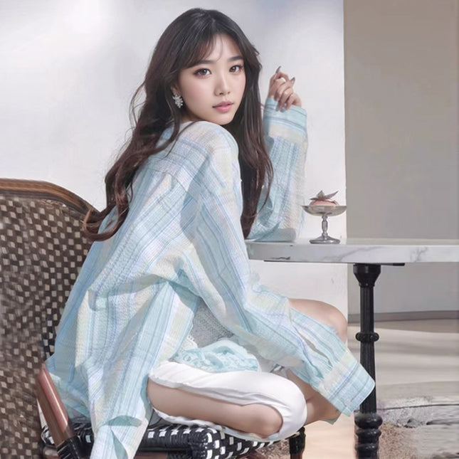 Fresh Mint Green Shirt Women's Summer Mid-length Loose Sun-protective Shirt Long-sleeved Lazy Style Plaid Shirt Thin Jacket