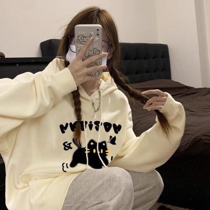 [David's 190g] Korean version of black cat printed sweater students fall/winter loose hooded pullover coat