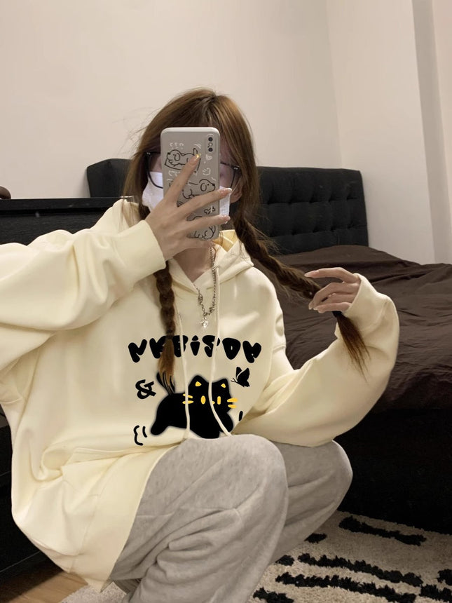 [David's 190g] Korean version of black cat printed sweater students fall/winter loose hooded pullover coat