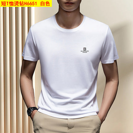 Men's Summer Short-Sleeved T-Shirt Casual Mercerized Breathable Thin Round Neck Half-Sleeved Letter Hot Diamond Top Men's H6651