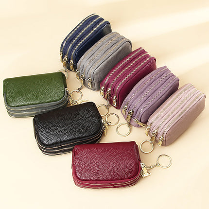 European and American First-Layer Cowhide Simple and Fashionable Mini Clutch Bag Three-Zip Coin Bag Key Coin Purse Genuine Leather