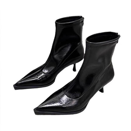 High-Heeled Pointed-Toe Short Boots for Women with Stiletto Heels and Back Zippers 2025 New Autumn and Winter Black Patent Leather High-End Slim Boots