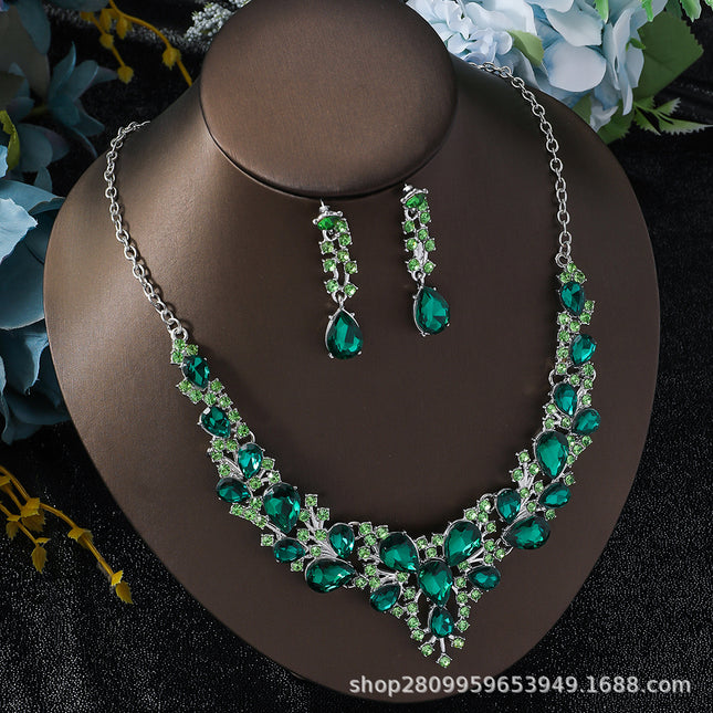 Cross-Border Amazon Jewelry Set Bridal Crystal Accessories Necklace Earrings Two-Piece Set Wedding Dress Women's