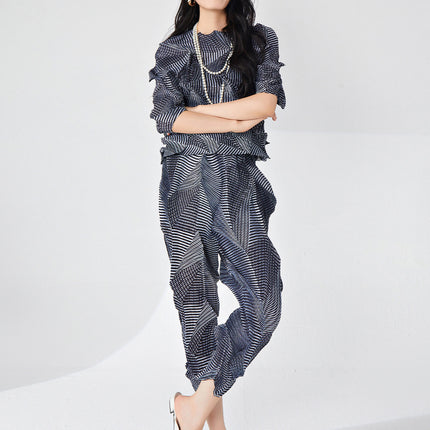 Miyake Fashion suit Women's High-end Spring Irregular T-shirt Top Design Casual Pants Two-piece Fashionable Set