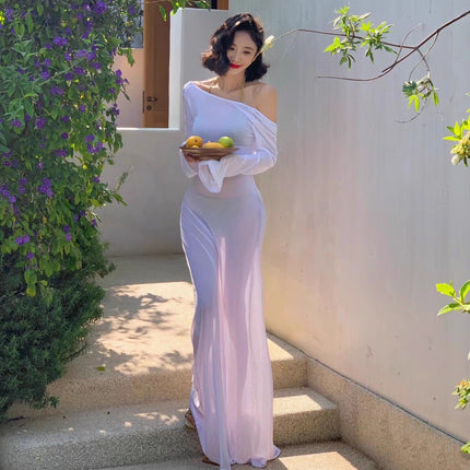 Summer New Resort Style Bikini Seaside Swimsuit with Long Sleeves Backless See-Through Vacation Cover-Up Skirt Wholesale