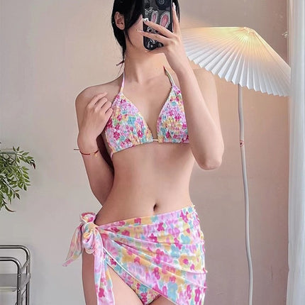 Floral Small Fresh Color Printed Pleated Bikini Chest Pad Small Chest Gathering Hot Spring Seaside Holiday Swimsuit Women