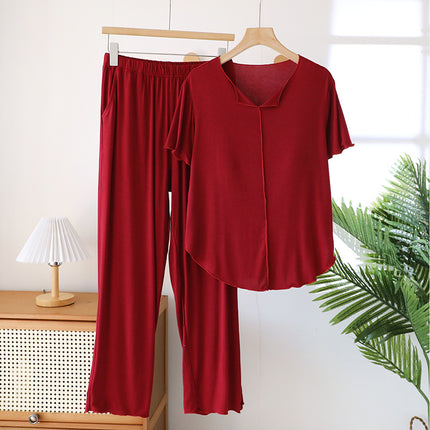 Ruffled Pajamas for Women Summer Thin Modal Short-Sleeved Pants Casual with Chest Pads Can Be Worn Outside Home Clothes Set