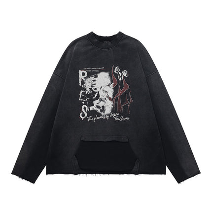 # OVDY 430g combed cotton terry sweater retro spray color old wash water imitation worn round neck sweater for men and women