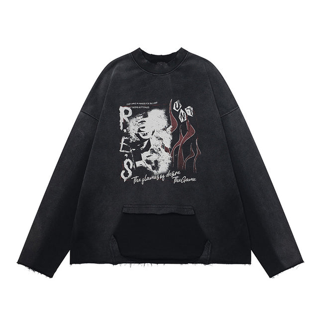 # OVDY 430g combed cotton terry sweater retro spray color old wash water imitation worn round neck sweater for men and women