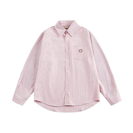 Casual Fashion Striped Shirt Unisex Embroidered Smiley Face Loose Long-Sleeve Jacket Top Shirt