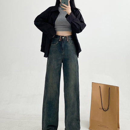American Retro Narrow Wide-Leg Jeans for Women, 2025 Spring New High-Waisted Loose Slimming Floor-Length Straight Pants