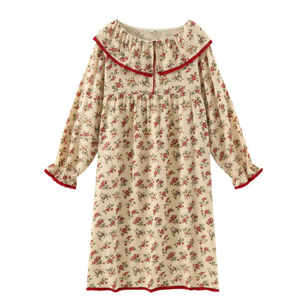 French-style long cotton nightdress women's spring and summer long-sleeved over-the-knee double-layer yarn crepe loose retro home can be worn outside