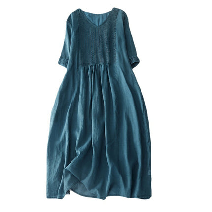 2023 Summer Design Sense Organ Pleat Artistic Retro Solid Color V-neck Ramie Cool Slimming Long Dress Women's Dress