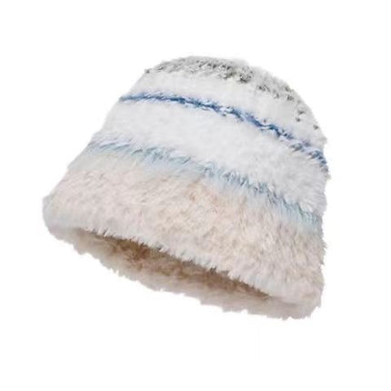 Thickened winter women's plush fisherman hat color matching black and white striped plush knitted wool basin hat warm hat