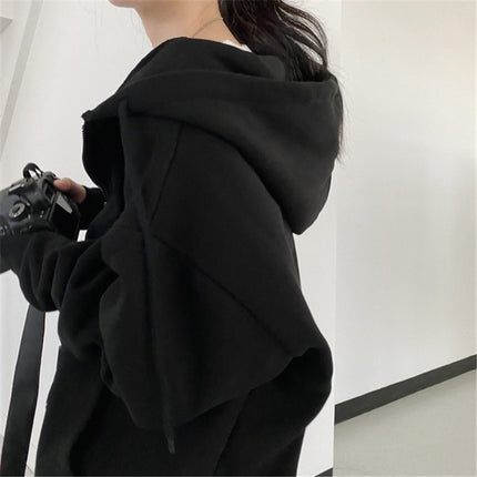 European and American Cross-border Foreign Trade Autumn and Winter Zipper Hoodie Women's Loose Cardigan Top Thickened fleece-lined Solid Color Jacket