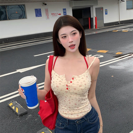 [Padded] Pure Desire Fake Two-Piece Floral Short-Sleeved T-Shirt Hot Girl Backless Slimming Short Top with Breast Pad