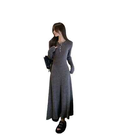 Brushed Ribbed Knit French-Style Simple and Elegant Dress 2026 Korean Version with Waist-Cinching Slimming Effect and Long Base Dress