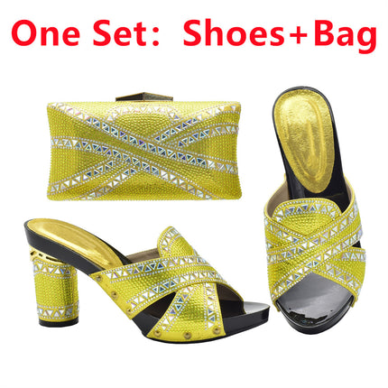 Cross-border Evening with Hot Diamond Shoe Bag Hollow High Heel Round Toe Sandals with Hand Bag Fashion Dinner suit