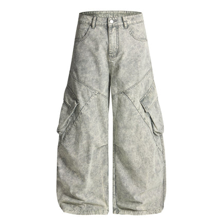 Jiamu American Baggy Silhouette Scimitar Unisex Cargo Pants Casual Pants for Men and Women Loose Wide-Leg Multi-Pocket Pleated