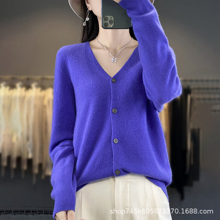 V-Neck Wool Knitwear for Women, Ready-Made Thin Autumn and Winter Work Clothing Slimming Look Elegant with 100% Wool Cardigan