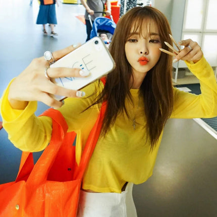 Dropshipping Korean Dongdaemun Light Yellow Cropped Long-Sleeve T-Shirt Top for Women, Korean Trending Color