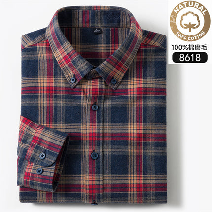 Autumn and Winter New Pure Cotton Brushed Long-Sleeved Shirts for Young and Middle-Aged Plaid Casual Business Men's Shirts Popular on Douyin