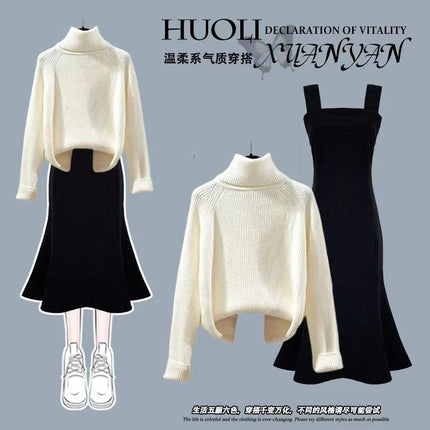G Autumn suit Women's New Fishtail dress Two-Piece Western-Style French-Style Cross-Knitted Sweater for Women
