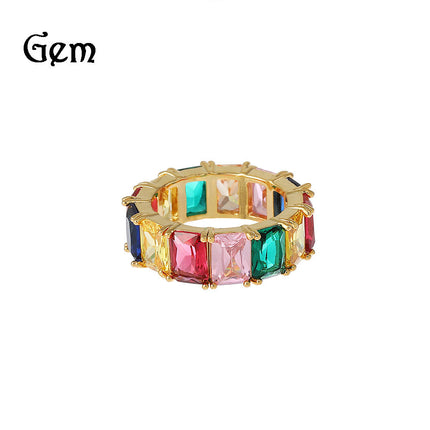 Gu Meng Cross-border Copper Zircon Ring European and American Hip-hop Color Mixed Color Rectangular Zircon Ring for Men and Women
