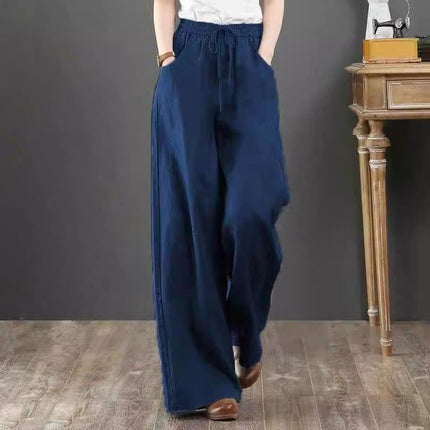 2024 Spring/Summer Literary Cotton and Linen Feel Women's Loose Plus Size Wide-Leg High-Waisted Floor-Length Pants