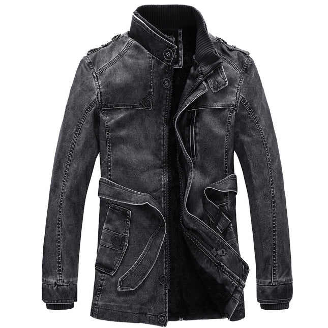 European and American style retro winter men's leather jacket velvet padded PU leather jacket medium and long plus size coat 6XL