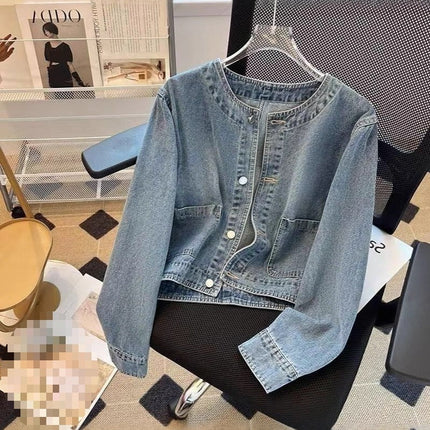 Light Blue American Retro Denim Jacket for Women Spring Single-Breasted Loose Cardigan Design Short Jacket Top