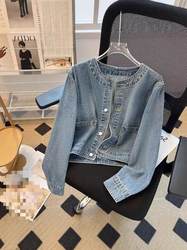 Light Blue American Retro Denim Jacket for Women Spring Single-Breasted Loose Cardigan Design Short Jacket Top