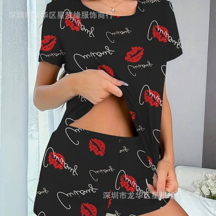 Red Lip and Letter Print Pajamas suit Short-Sleeve Round Neck Top and Stretch Shorts Women's Pajamas and Home Wear