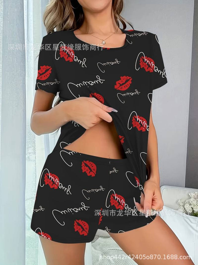 Red Lip and Letter Print Pajamas suit Short-Sleeve Round Neck Top and Stretch Shorts Women's Pajamas and Home Wear
