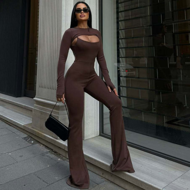 European and American Foreign Trade Autumn Women's Clothing Solid Color Long-Sleeve Round Neck Hollow-Out Fashion Casual Sexy Versatile Slim-Fit Jumpsuit for Women