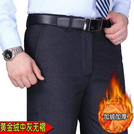 Autumn and Winter Thick Fleece-lined Thickened Middle-aged Men's Non-pleated Casual Pants Non-ironing Straight Middle-aged and Elderly Business Casual Pants