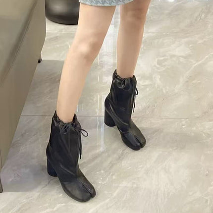 2025 Autumn and Winter New Arrival Wide Pig's Trotter Boots Lace-up Thick Heel-split Boots Women's Knight Drawstring Super Soft Leather Horseshoe Ankle Boots