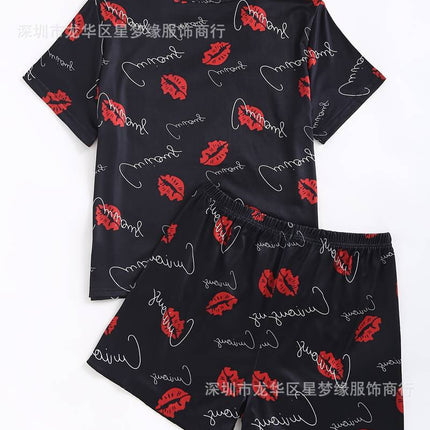 Red Lip and Letter Print Pajamas suit Short-Sleeve Round Neck Top and Stretch Shorts Women's Pajamas and Home Wear