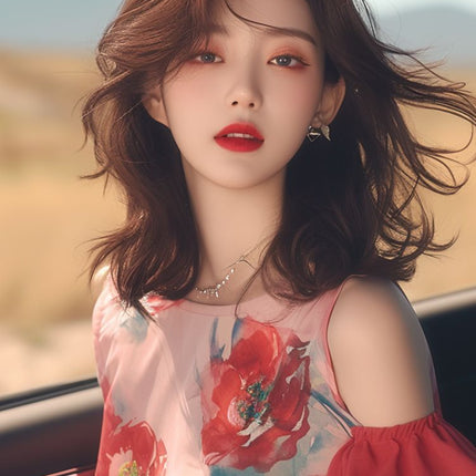 New Chinese Style Summer Xiaizhong French Style Light Mature Chic Beautiful Top Light Luxury High-end Red Printed Dig Shoulder Shirt for Women