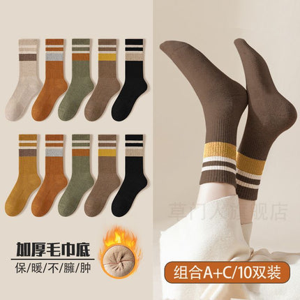Socks Women's Autumn and Winter Mid-length Socks fleece-lined Thickened Warm terry Towel Bottom Cotton Socks High-tube Fashionable Women's Stockings